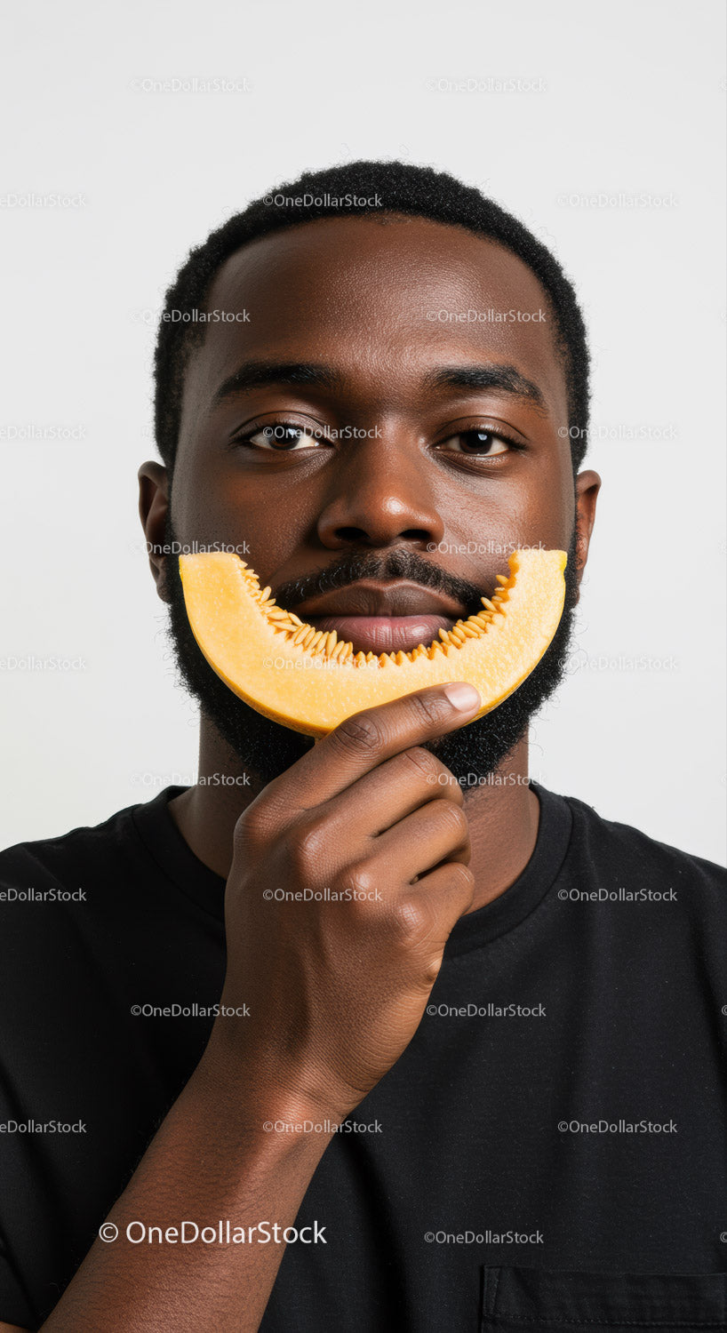 Young Man with Melon Piece Creative Portrait White Background