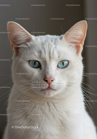 Close up of serene white cat with blue eyes