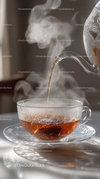 Hot Tea Pouring Into Glass Teacup with Steam in Cozy Kitchen