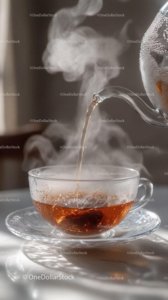 Hot Tea Pouring Into Glass Teacup with Steam in Cozy Kitchen