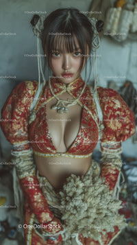 Asian Woman in Red and Gold Traditional Style Outfit with Modern Edge