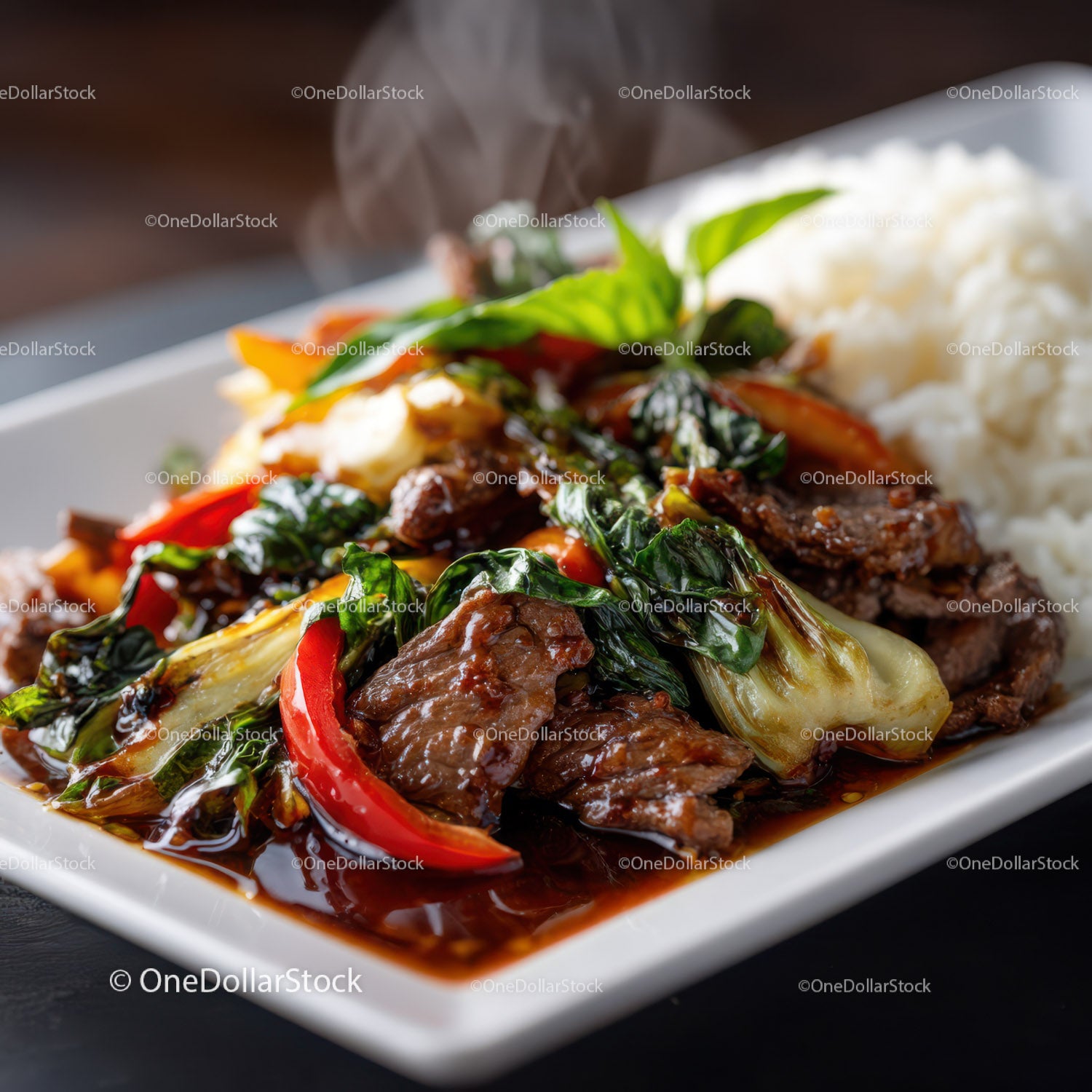Stir-Fried Beef with Basil and Vegetables on White Plate