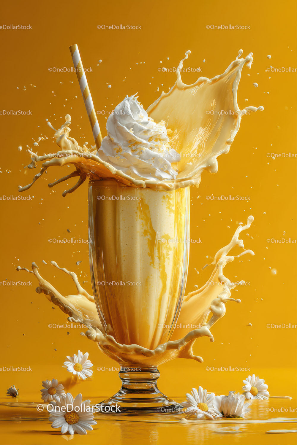 Rich Milk Splash in Glass with Straw on Bright Yellow Background