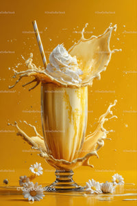 Rich Milk Splash in Glass with Straw on Bright Yellow Background