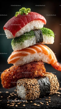 Colorful Sushi Platter with Salmon Tuna Eel and Vegetables