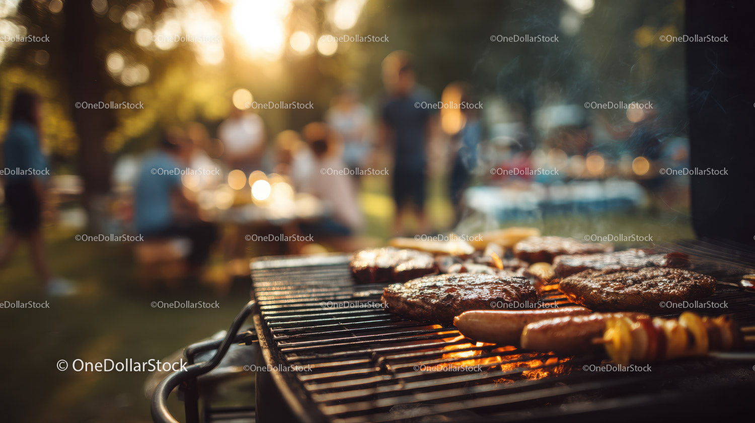 Outdoor Barbecue Grill with Sizzling Steak and Sausages