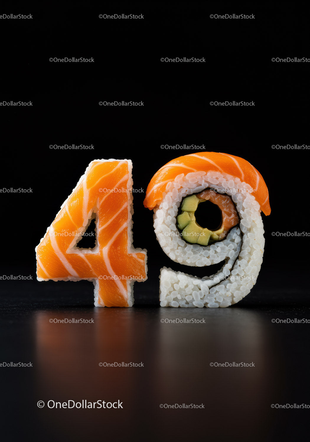 Kreatywne sushi z łososiem w kształcie cyfry czterdzieści dziewięć