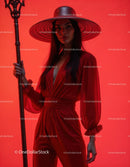 Elegant Woman in Red Dress with Accessories Against Red Background