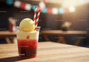 Cold Red Fruit Syrup Drink with Vanilla Ice Cream and Straws