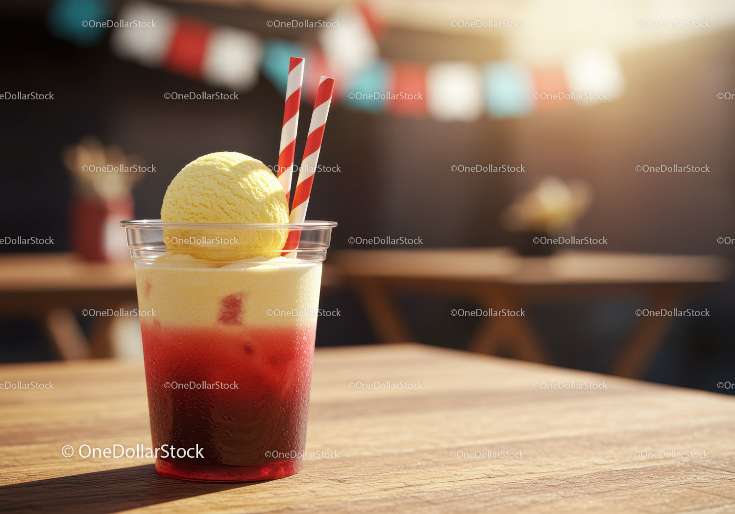 Cold Red Fruit Syrup Drink with Vanilla Ice Cream and Straws