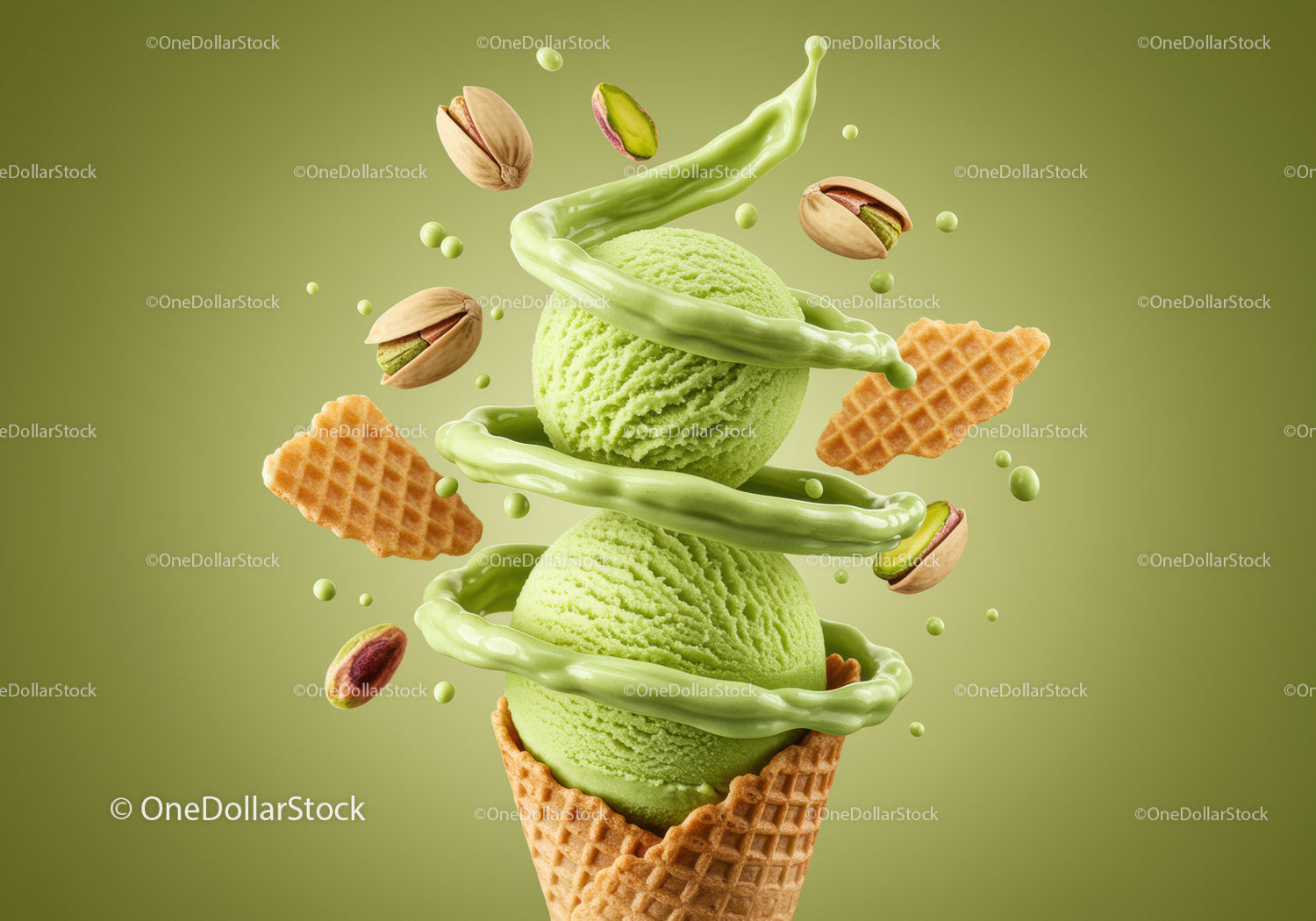 Świeże lody pistacjowe z chrupiącym waflowym rożkiem