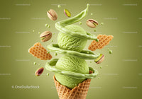 Fresh pistachio ice cream with crunchy waffle cone