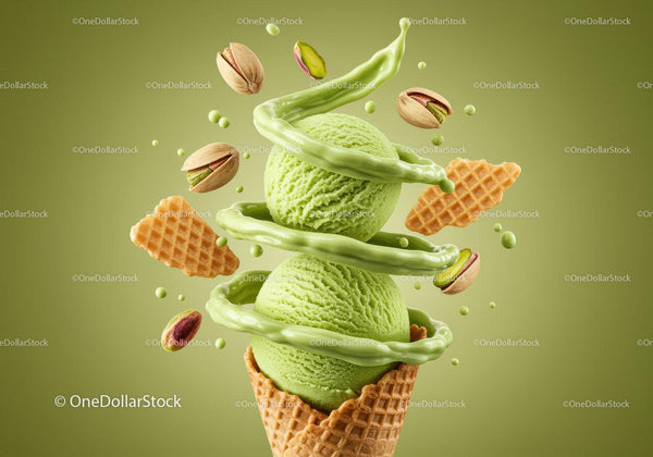 Fresh pistachio ice cream with crunchy waffle cone