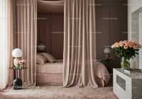 Soft beige bedroom with sheer curtains and floral accents
