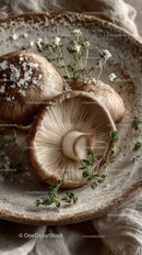 Close-up of Fresh Organic Mushrooms with Herbs on Rustic Plate