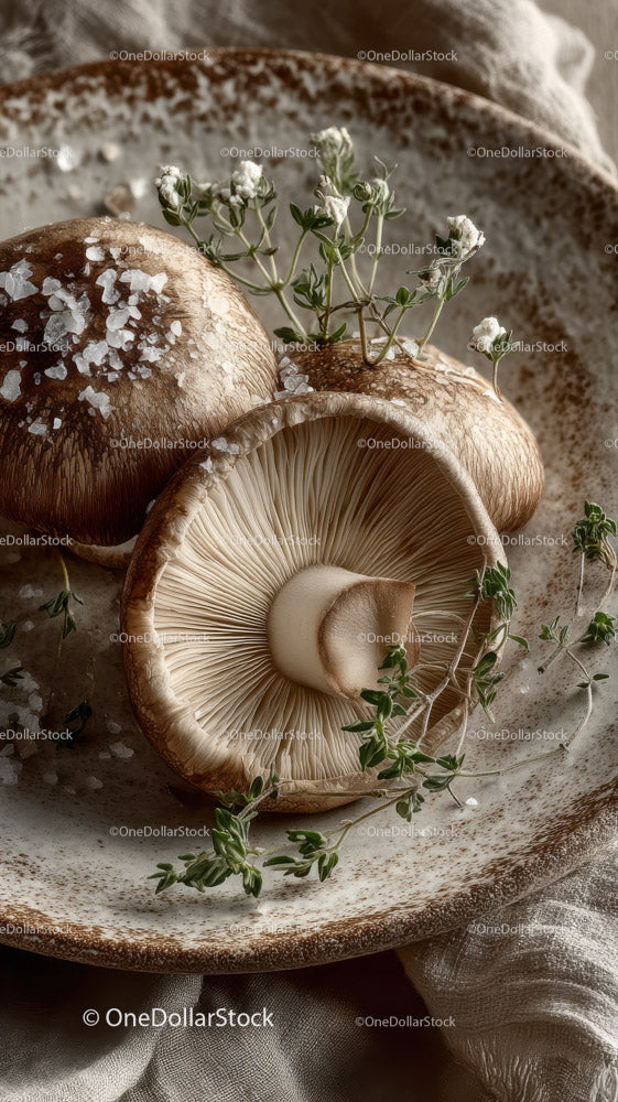 Zbliżenie świeżych organicznych grzybów z ziołami na rustykalnym talerzu