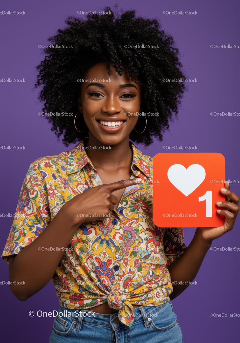 Vibrant Young Woman Holding Like Icon in Bright Casual Outfit
