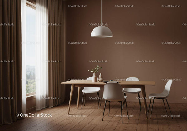 Minimalist Dining Room with Wooden Table and Cozy Atmosphere