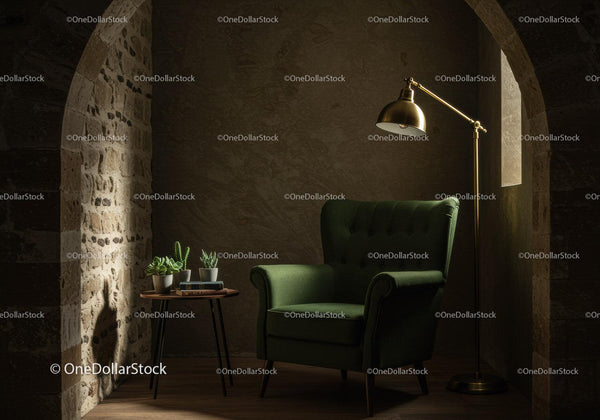 Cozy reading nook with green armchair and warm lighting