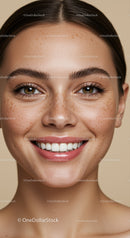 Close up portrait of smiling young woman with freckles