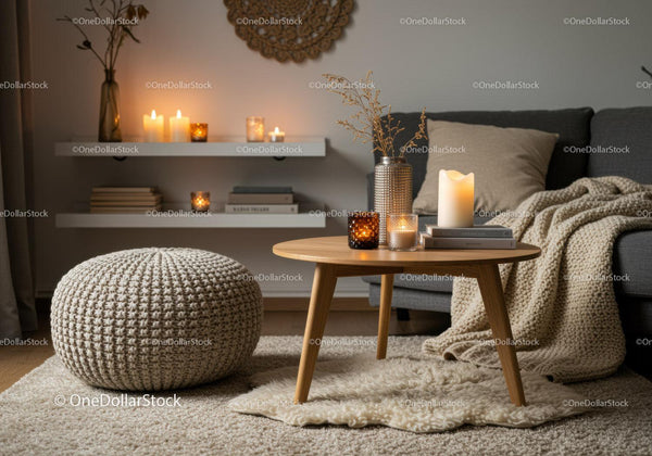 Cozy living room with knitted pouf and candlelight decor