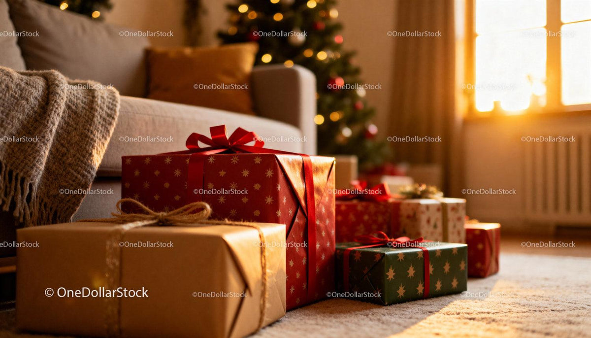 Cozy living room with wrapped Christmas gifts
