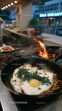 Fried Egg with Greens Cooking in a Busy Commercial Kitchen