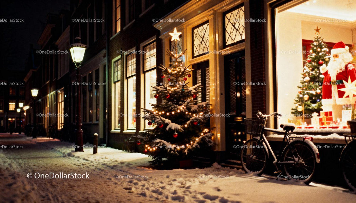Snowy street with festively decorated Christmas tree and bike