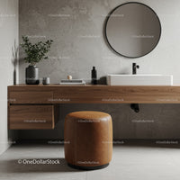 Modern Bathroom Vanity with Round Mirror and Wooden Cabinet