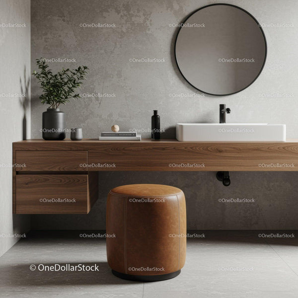 Modern Bathroom Vanity with Round Mirror and Wooden Cabinet