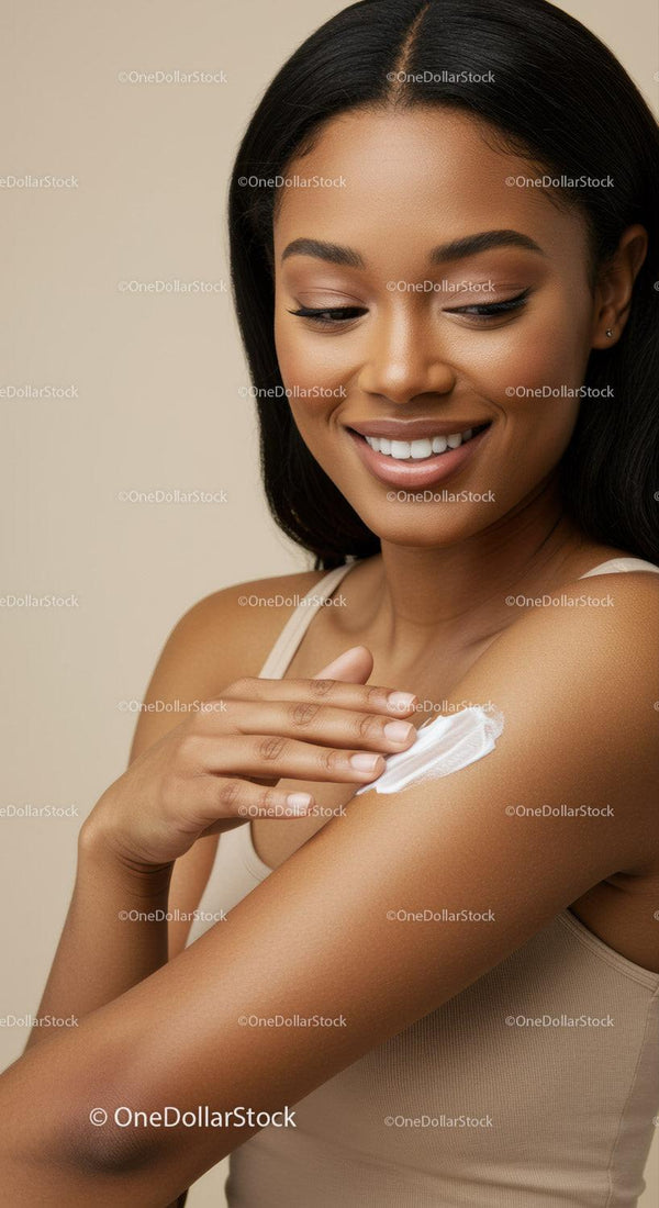 Elegant Woman Smiling While Applying Body Lotion for Healthy Skin