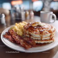 Stack of Fluffy Pancakes with Syrup and Bacon for Breakfast or Brunch