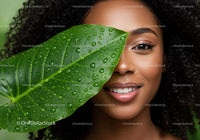 Smiling Woman with Curly Hair and Tropical Leaf Close-Up