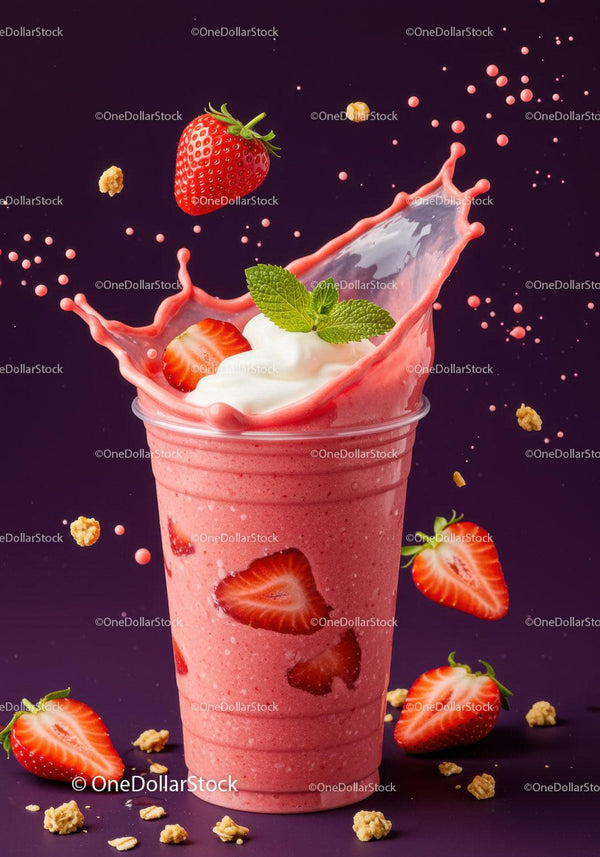 Refreshing strawberry smoothie with fresh fruit and cream splash