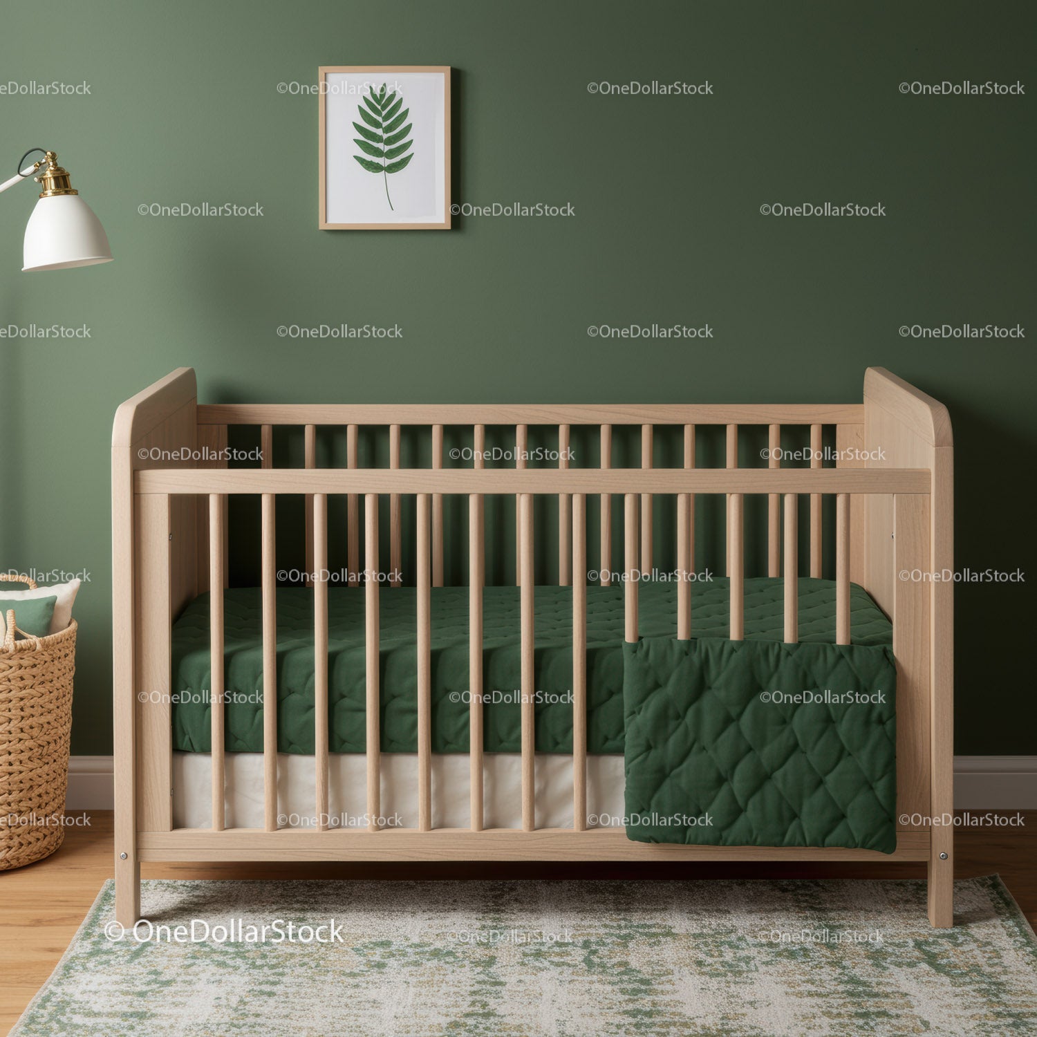 Modern Baby Crib with Green Bedding and Natural Wood Finish