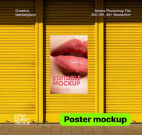 Poster on yellow garage doors Editable PSD Mockup preview