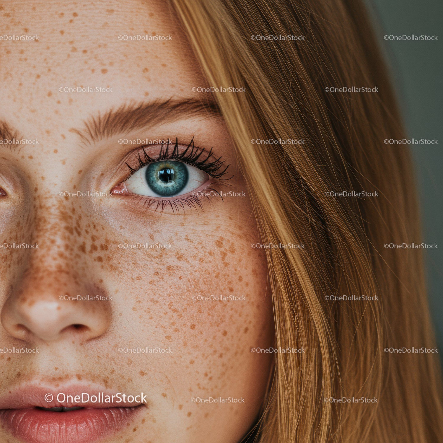 Close up portrait of freckled woman with blue eyes
