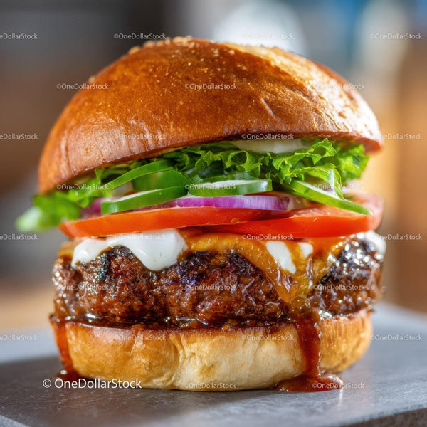 Juicy Gourmet Cheeseburger with Fresh Vegetables and Melted Cheese