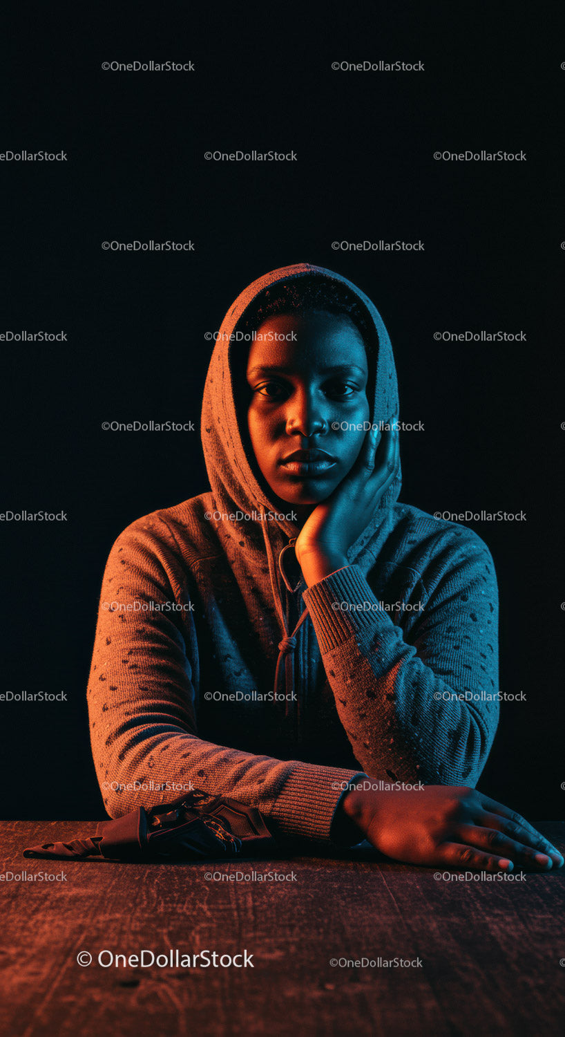 Thoughtful woman in hoodie with dramatic lighting