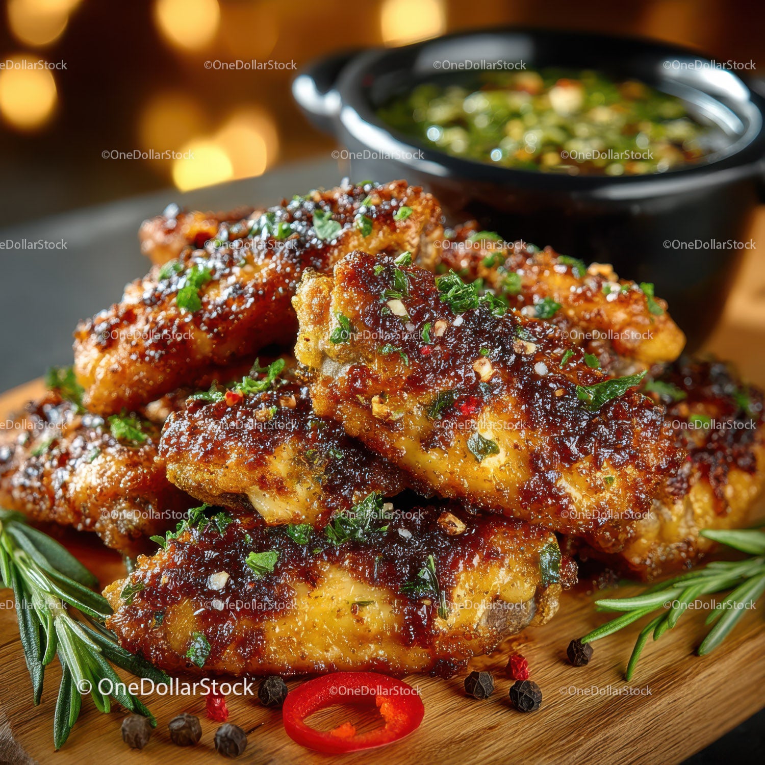 Crispy Sweet and Spicy Chicken Wings with Herb Garnish