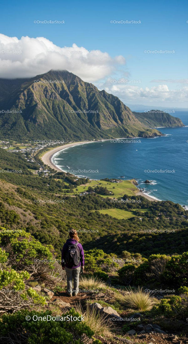 Scenic Coastal Mountain Landscape With Hiker and Ocean View