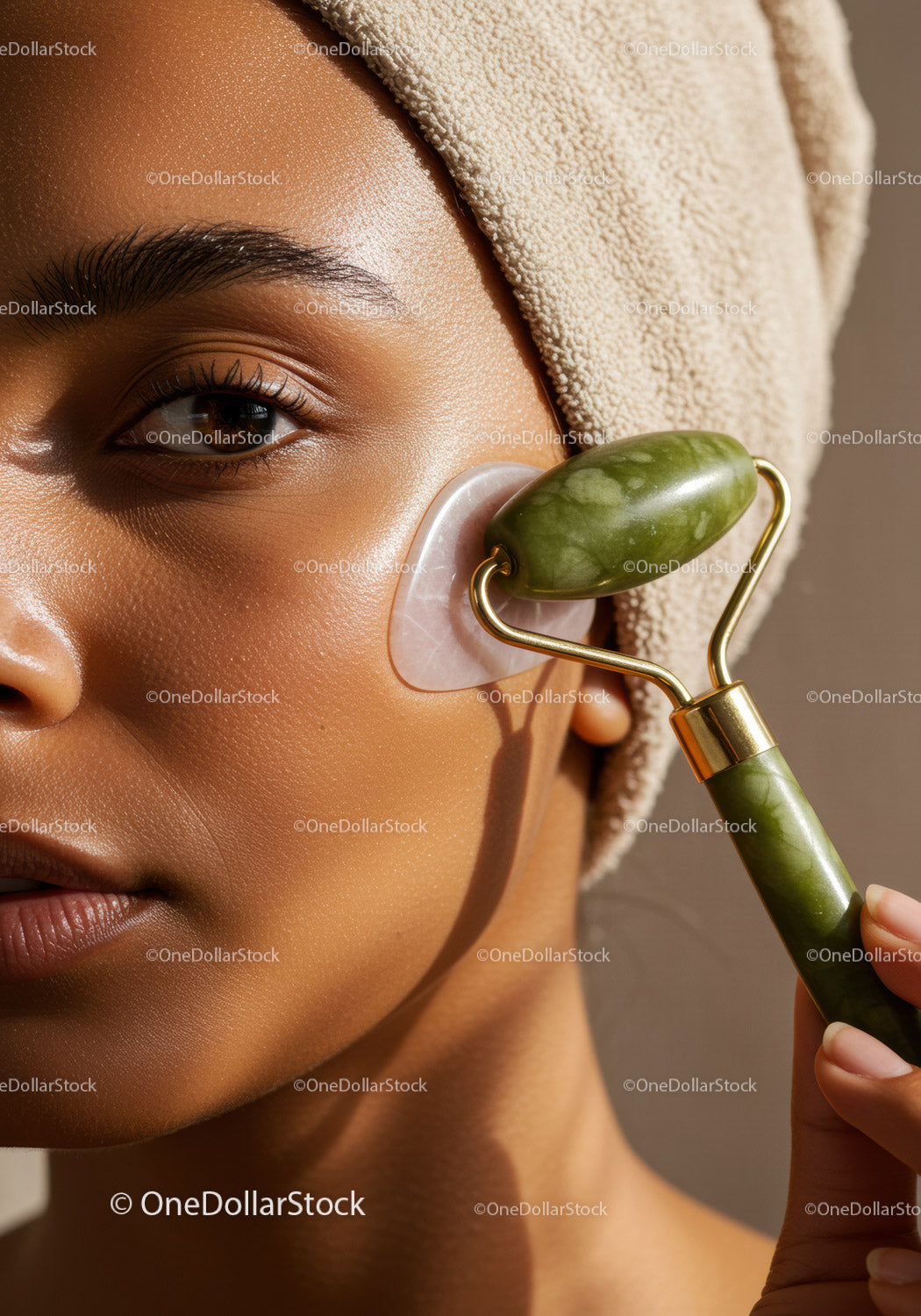 Woman Using Jade Roller for Facial Massage Close-Up Skin Care