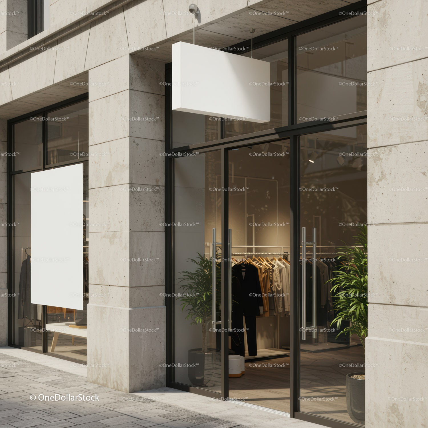 Modern fashion boutique entrance with neutral tones