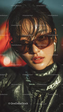 Confident Female Rider in Sunglasses with Motorcycle Gear