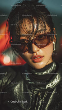 Confident Female Rider in Sunglasses with Motorcycle Gear