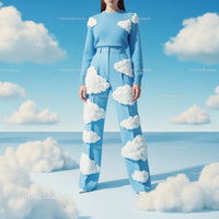 Fashion Woman in Blue Cloud-Themed Outfit in Surreal Sky Scene
