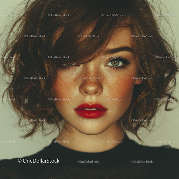 Close-Up Portrait of a Woman with Green Eyes and Red Lips