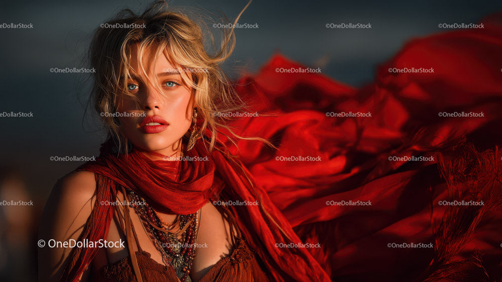 Glamorous Fashion Model with Red Fabric Outdoors