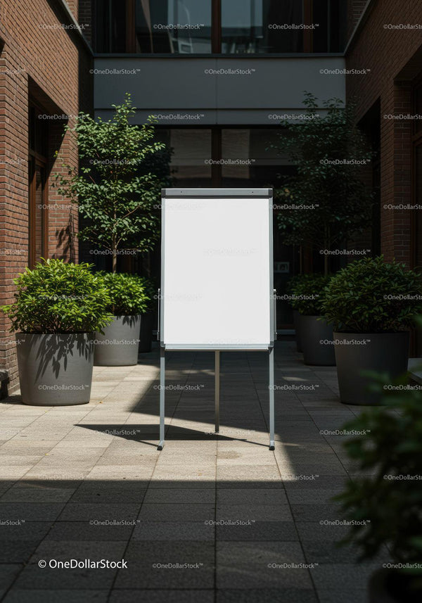 Blank flip chart in modern outdoor courtyard space JPG Mockup Image