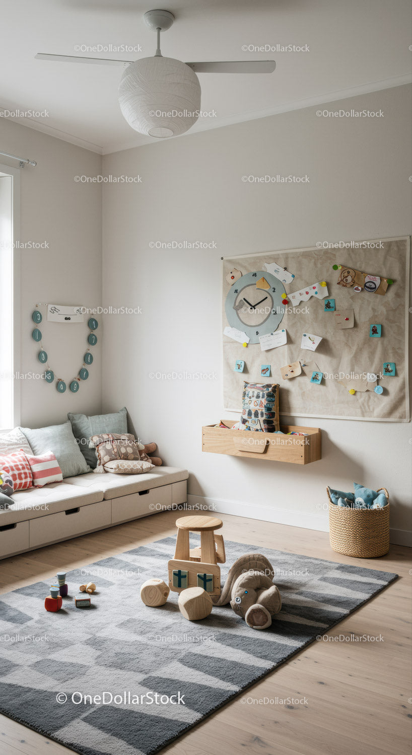 Cozy Kids Playroom with Wooden Toys and Soft Textiles